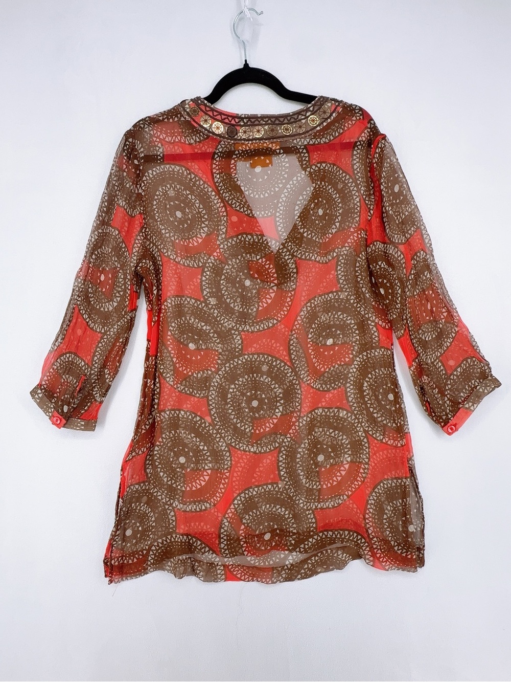 Tory Burch 100% Silk Chiffon Medallion Beaded Tunic Blouse Orange Brown size 14 - Picture 2 of 7